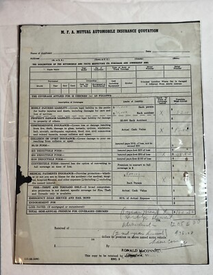M.F.A. Mutual Automobile Insurance Quote Antique Insurance Quote Handwritten