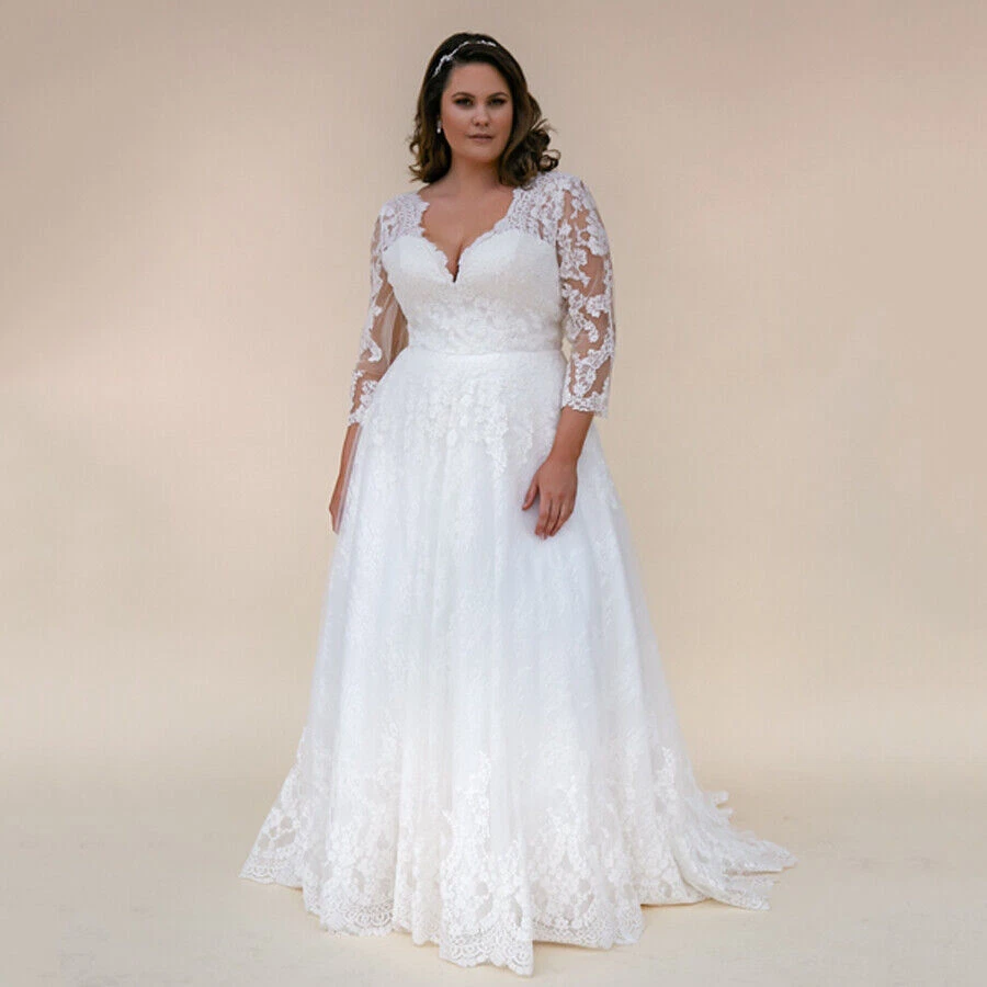 Plu Size Wedding Dresses Long Sleeves V Neck White Ivory 3 4