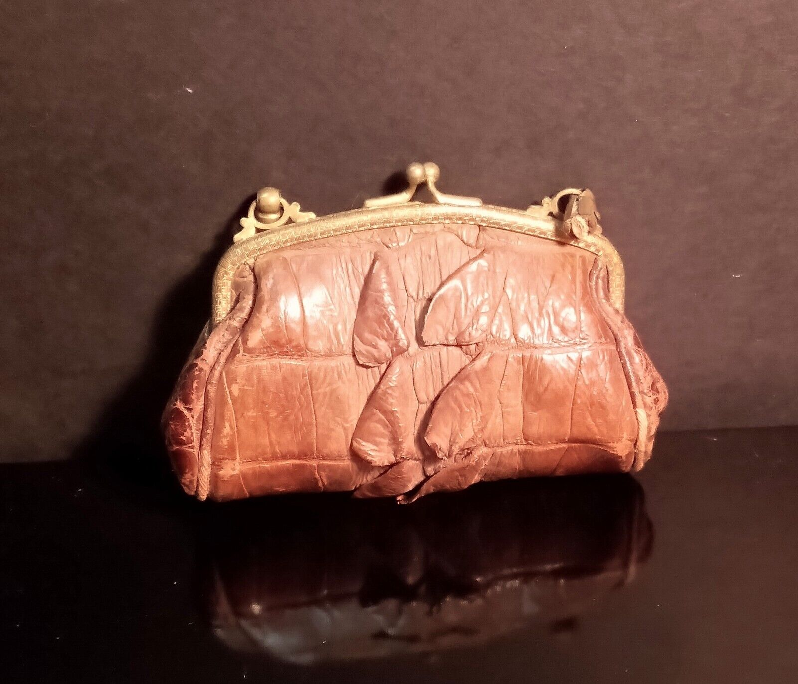 Antique Brown Alligator Coin Purse With Brass Fra… - image 1