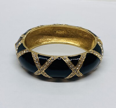 Rare Ciner Black Enamel Crystal Rhinestones Bracelet Bangle 7  Gold Torn Heavy 1