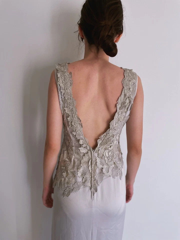 Maxi Vestido de Boda GEORGE GROSS Vintage Champagne Cuello en V Encaje Noche 8 10 Foto 4 de 4