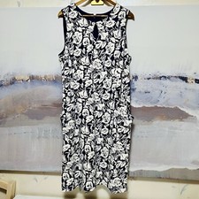 Vtg LANDS' END Sheath Dress 20W Blue Floral Midi Sleeveless Keyhole Neck Pockets