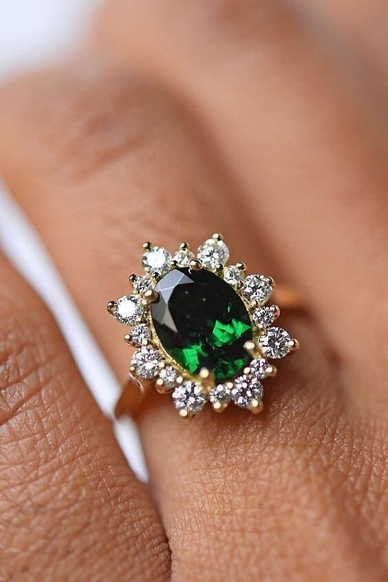 Oval Cut Simulated Emerald Engagement Ring in 14K Gold Plated