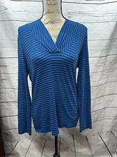 Striped V Neck Long Sleeve Top Blue Lightweight Casual Everyday