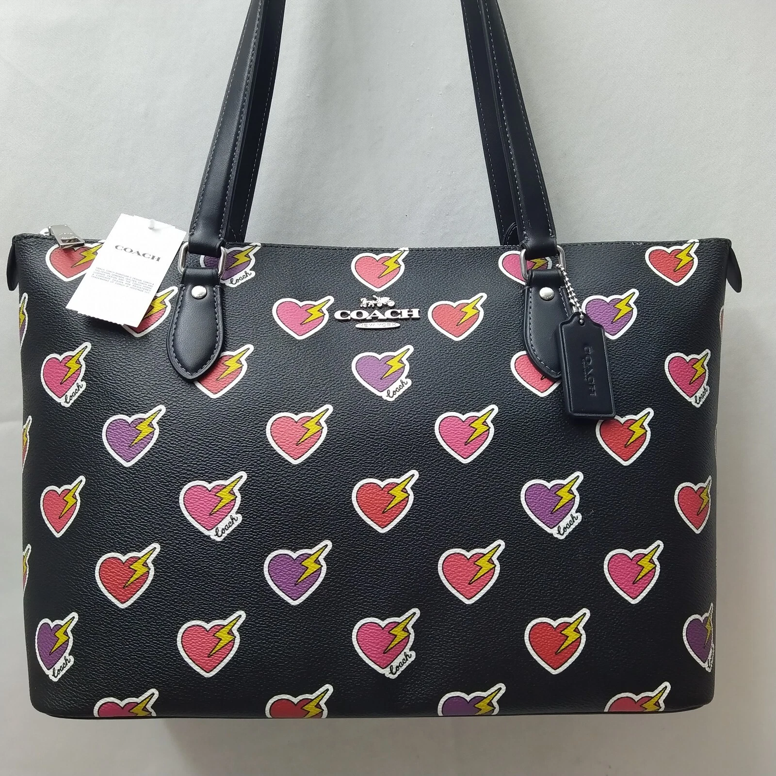 Borsa Coach Gallery in pelle nera con stampa cuore bullone doppio manico Nuova con etichetta