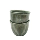 Kitchen Cottage 2 Vintage Pottery Crock Green Custard Cups Ribbed 1940s 3"x2.5"