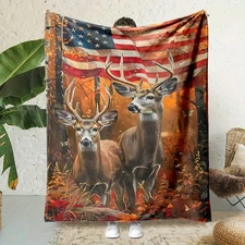Cozy All-Season Flannel Blanket with Majestic Deer & American Flag Design - Soft
