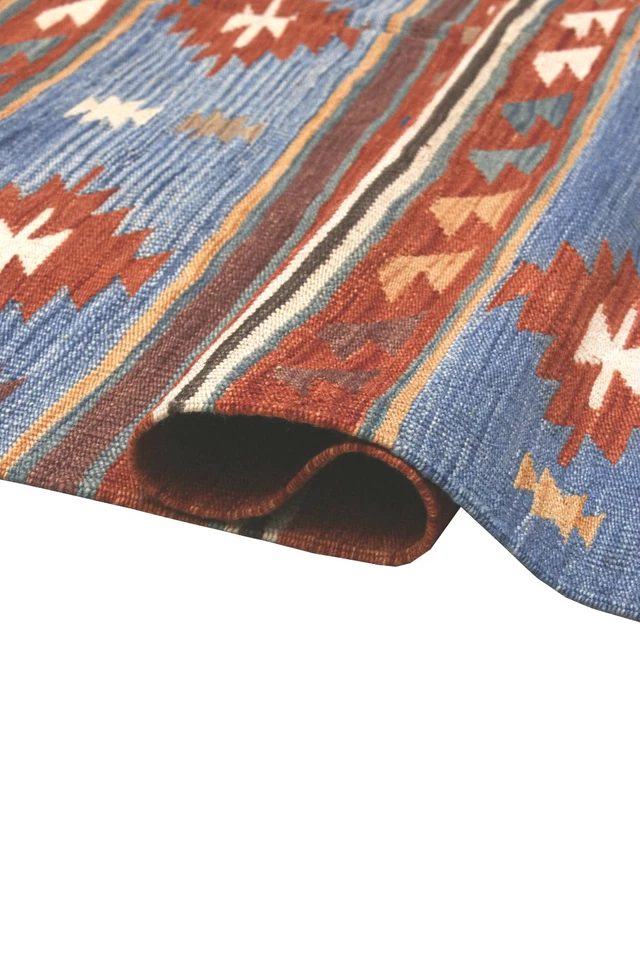 Handmade Afghan Pure Wool Kilim Geometric Brown Blue Sustainable 202 x 150 cm  - Image 2 of 3