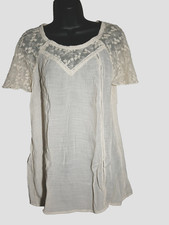 Womens M Lace Blouse Ivory V-Neck Henley Sleeve Semi Sheer Top