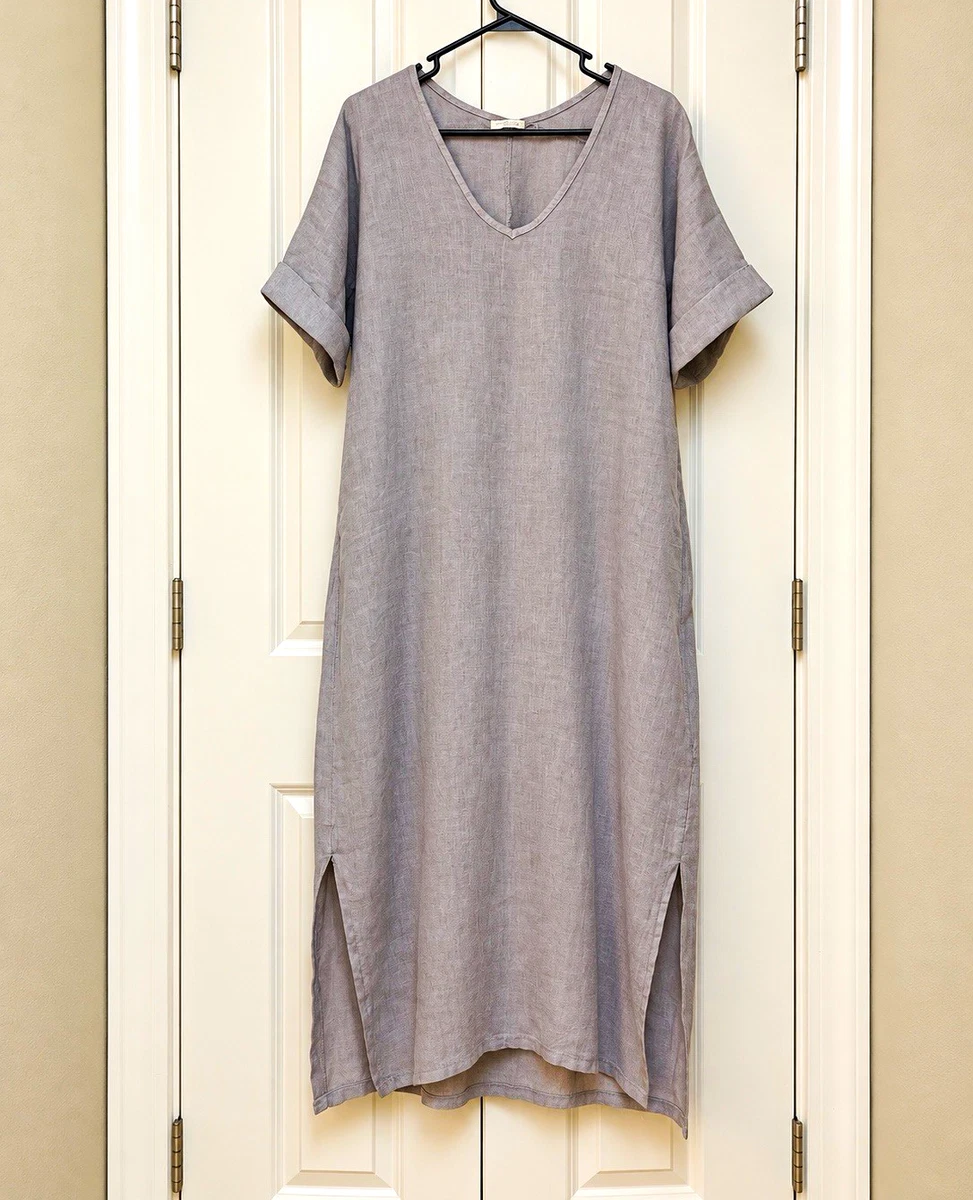 grey linen dresses Gray for Women for sale Long sleeve