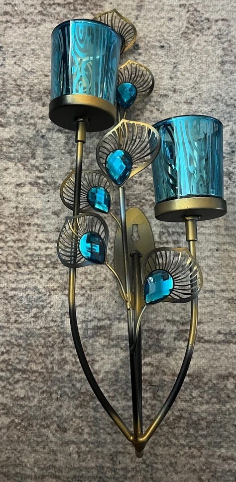 2 Beautiful PEACOCK BLUE PLUME MULTITONES SCULPTURED WALL SCONCES 14.5”tall EUC - Image 2 of 4