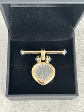 Lalique Agatha? Style Brooch Ribbed Glass & Blue Cabochon Hinged Gold Plated