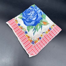 Vintage Blue Rose Handkerchief Floral Hankie Cotton Mid Century Orange White
