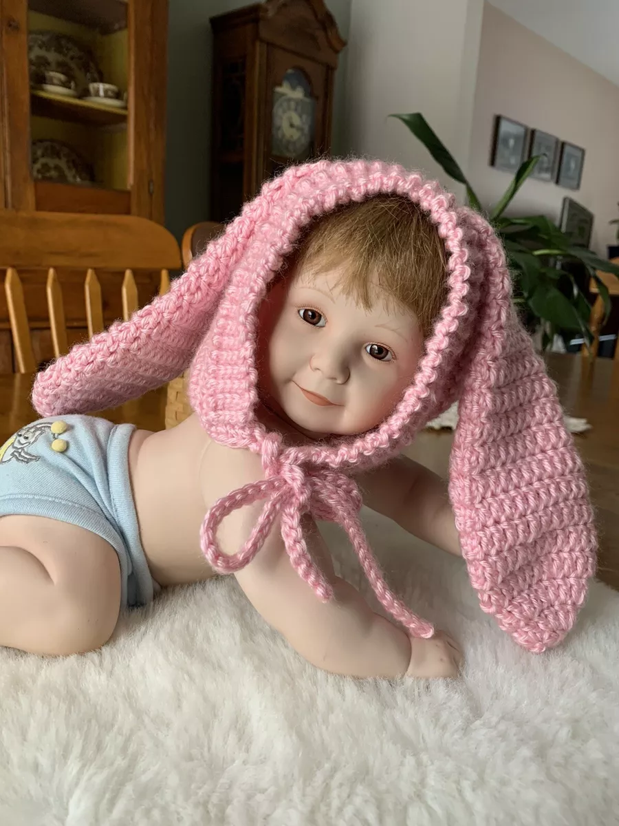 Handmade Crocheted Pink Easter Bunny Baby Bonnet size 6 18 months