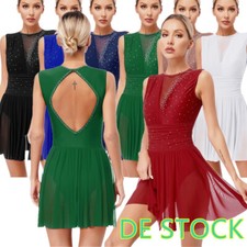 DE-Damen Glitzer Tanzkleid Eiskunstlauf Kleider Ärmellose Ballet Trikot Strass