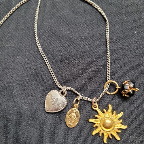 Charm Necklace, Rienstone, Sun, Medel, Heart Locket ,silver Tone - Picture 3 of 6