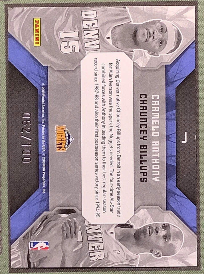 2009 Donruss Elite Teamwork Combos Gold /100 Carmelo Anthony Chauncey Billups - Image 2 of 3