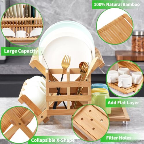 Bamboo Dish Drying Rack With Utensil Holder Collapsible Wooden Dish Drainer Rack - Picture 4 of 7