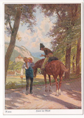 An Early German Grimms Fairy Tales Art Postcard of Hans im Gluck by Paul Hey. - Imagen 1 de 1