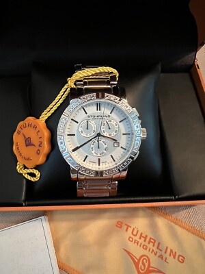 Stuhrling Diamond Chronograph Swiss Stainless Steel Watch NWOT