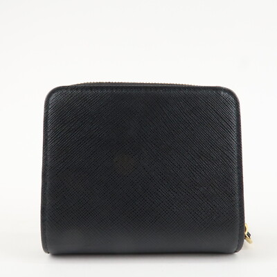 Authentic PRADA Logo Leather Zip Around Bi-fold Wallet Black
