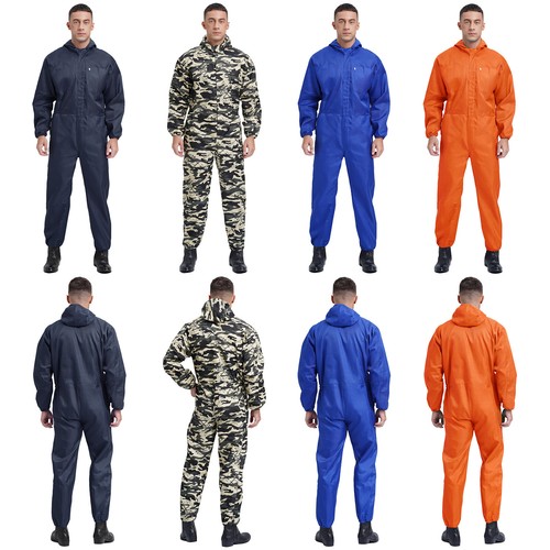 Men Hooded Mechanic Jumpsuit Cosplay Coverall Big Pockets Dungarees Workshop - Picture 1 of 50