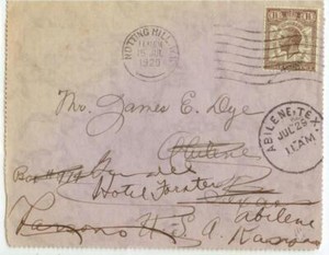 1929 Notting Hill England 1-1/2p Postal Union Abilene Texas forward Kansas cover