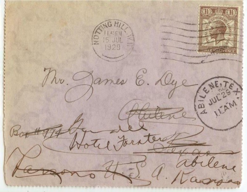 1929 Notting Hill England 1-1/2p Postal Union Abilene Texas forward Kansas cover