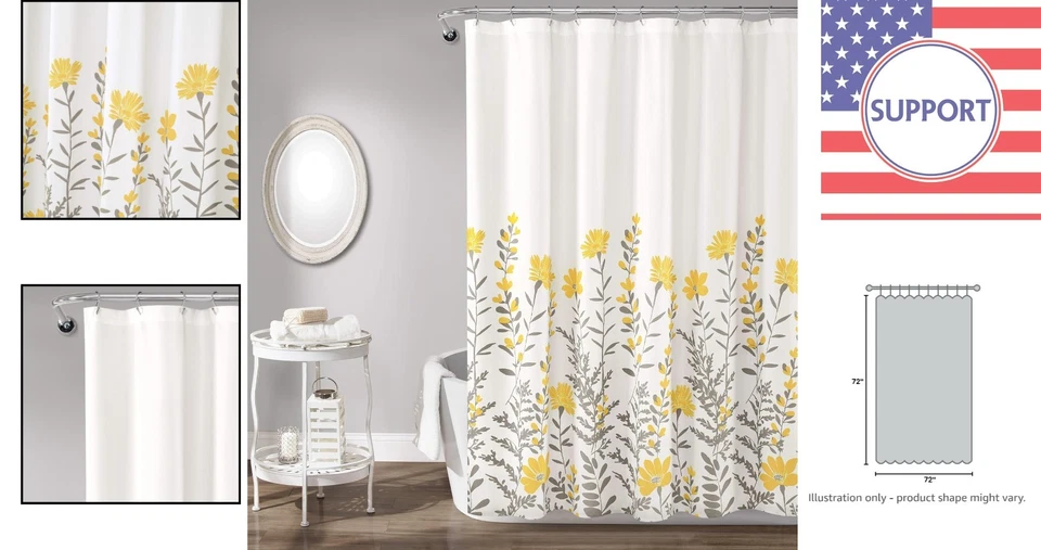 Hermosa cortina de ducha floral amarilla y gris 72" x 72" - fácil de colgar y limpiar Foto 2 de 4