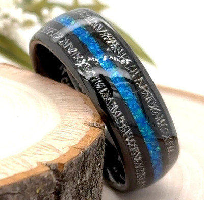 8mm Black Tungsten Wedding Ring Blue Opal Inlay & Detailed Silver Meteorite Band