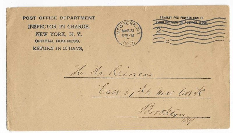 1908 POD Inspector In Charge - New York, NY Official Business Canceled Cover