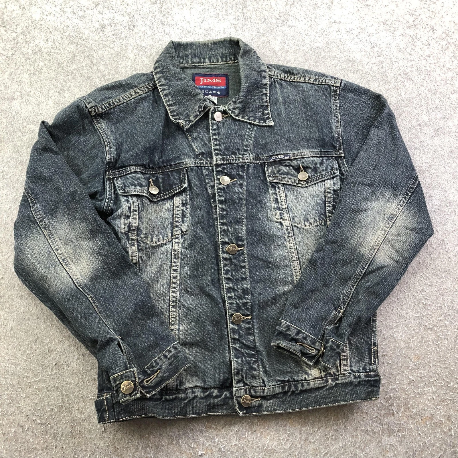 JIMS Jacket Mens Small Blue Denim Bomber Button Front Faded Wash Casual