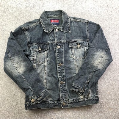 JIMS Jacket Mens Small Blue Denim Bomber Button Front Faded Wash Casual