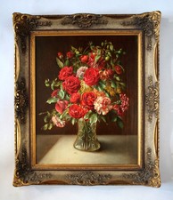 Franz Leitgeb (1911-1997) Blumenstillleben Rosen u. Nelken in einer Kristallvase