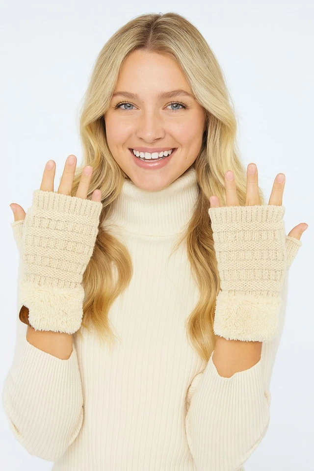 C.C Mujer Acogedores Guantes Tejidos Sin Dedos Suave Cálido Difuso Sherpa Forrados Invierno Foto 3 de 4