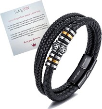 To My Son/To My Grandson Bracelet,Mens Leather Bracelet with Stainless Steel Cla