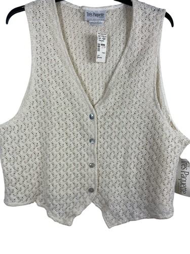 VTG Tres Paquette Cream Open Knit Crochet Button Up Vest 2X NWT 90s Beachy Boho