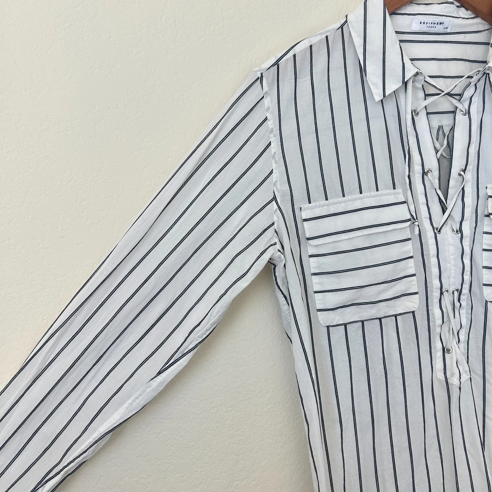 Equipment Femme Top Womens Large White Striped Cotton Lace Up Blouse L - Image 4 of 4
