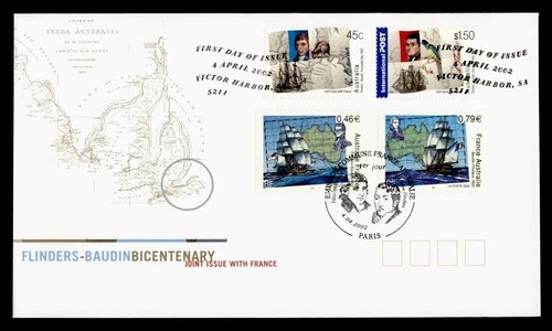 DR WHO 2002 AUSTRALIA FDC JOINT ISSUE FRANCE FLINDERS BAUDIN ANIV COMBO R38939