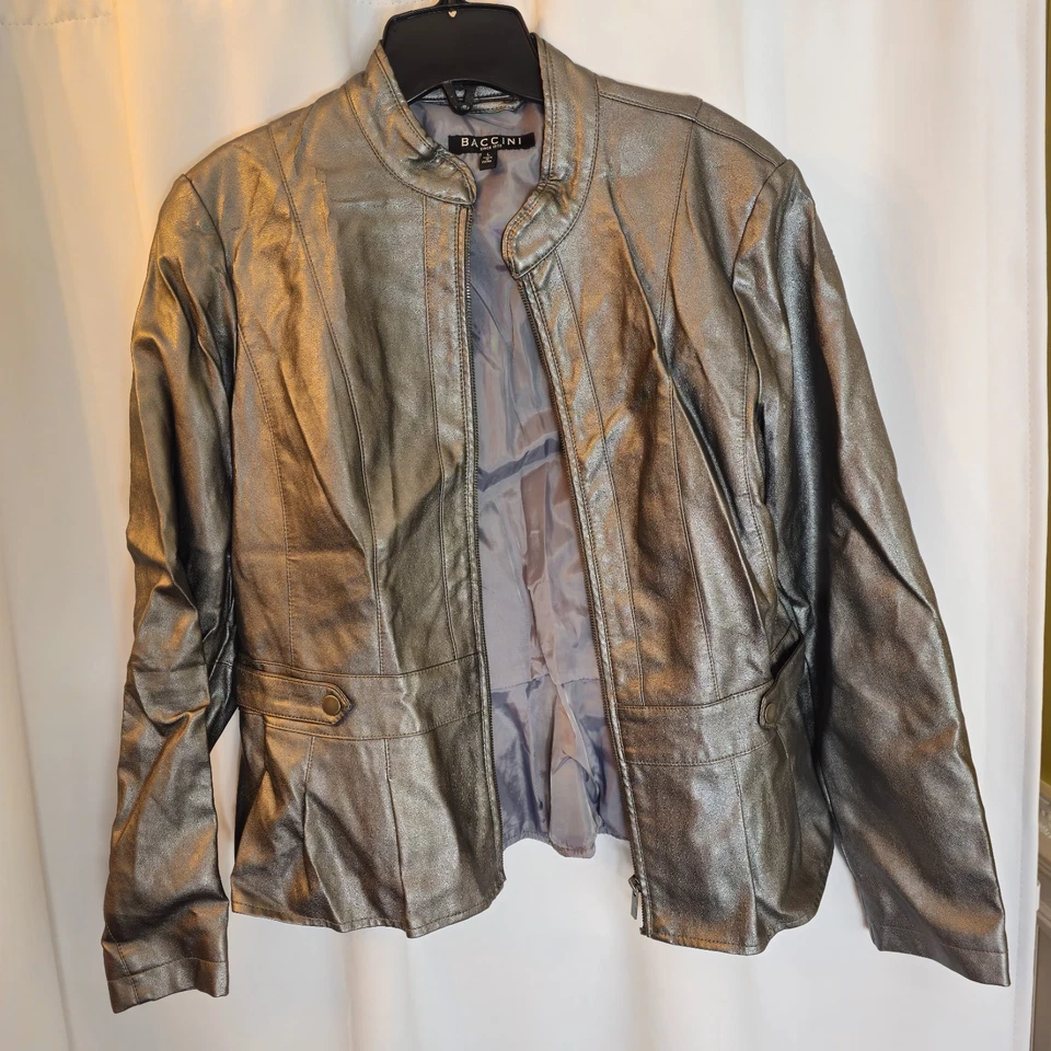 Chaqueta Baccini Mujer Imitación Cuero Talla L Metálica Bronce Estilo Moto Cremallera Foto 4 de 4