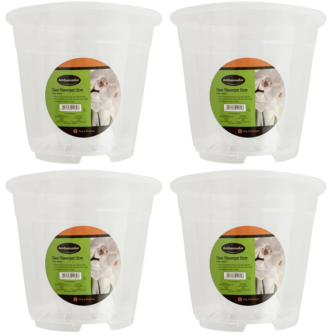 4x Ambassador Garden Clear Plastic Flower Orchid Plant Pot Planter Growing- 13cm