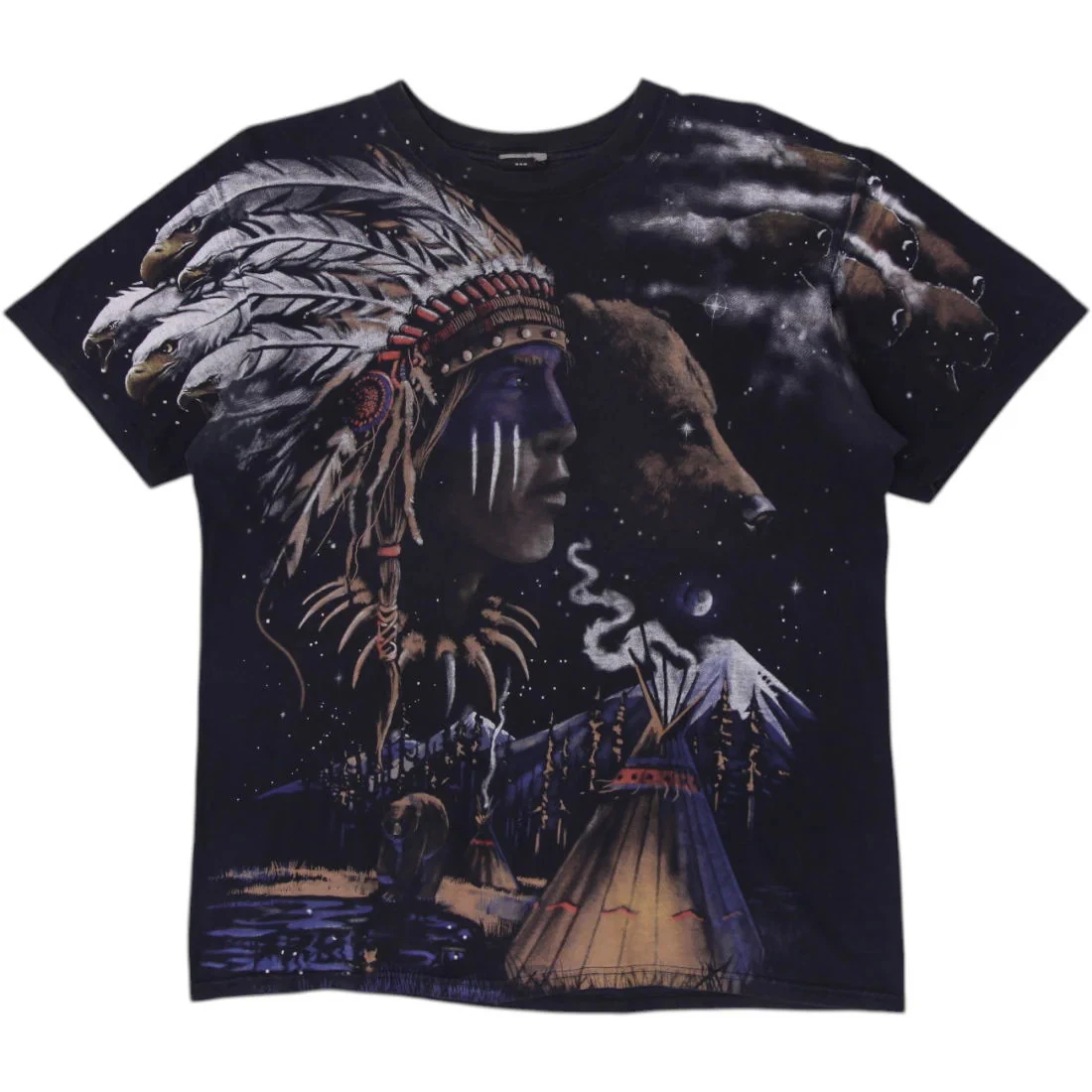 Vintage LIQUID BLUE Indian Bear Wolf Campfire All Over Print T Shirt 90s