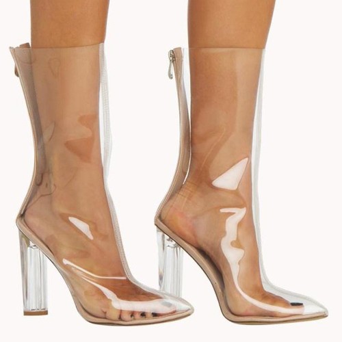 Botas de pasarela para mujer punta transparente media pantorrilla botas sobre la rodilla tacones en bloque - Imagen 10 de 21