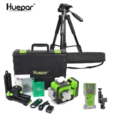 HUEPAR 3 x 360° Láser de línea cruzada verde Láser Nivel de burbuja + Detector láser + Trípode