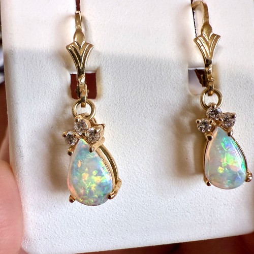 9x6 mm P/S Natürlicher Kristall Opal & Diamant Ohrhänger Leverback 14K 2,9 gm - Bild 4 von 11