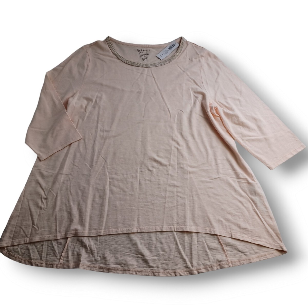 Chicos Tunic Top SZ 3 Peach 3/4 Sleeve High Low Hem Braid Trim New