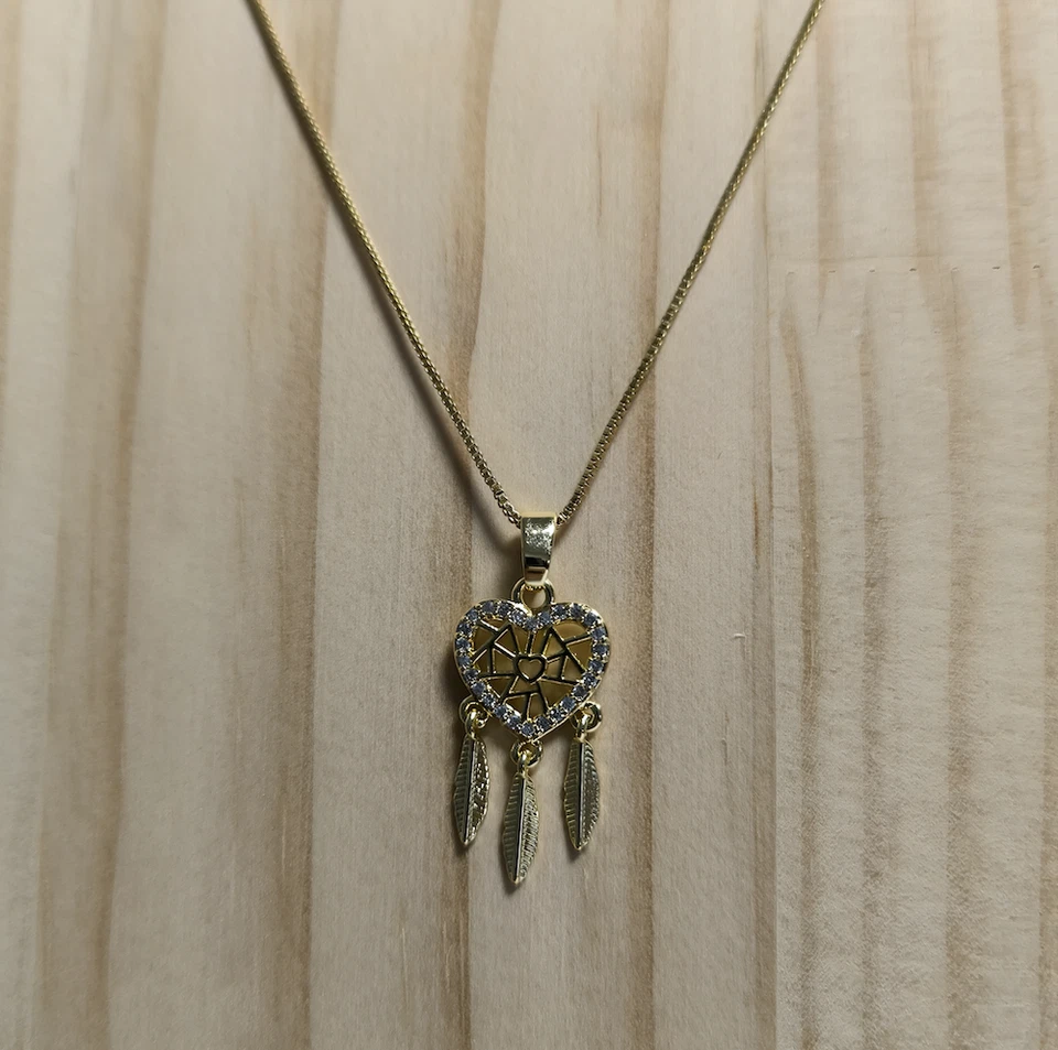 Collier - Femme - Pendentif - Coeur - Attrape Rêve - Plaqué Or Jaune 585/1000 - Photo 3/4