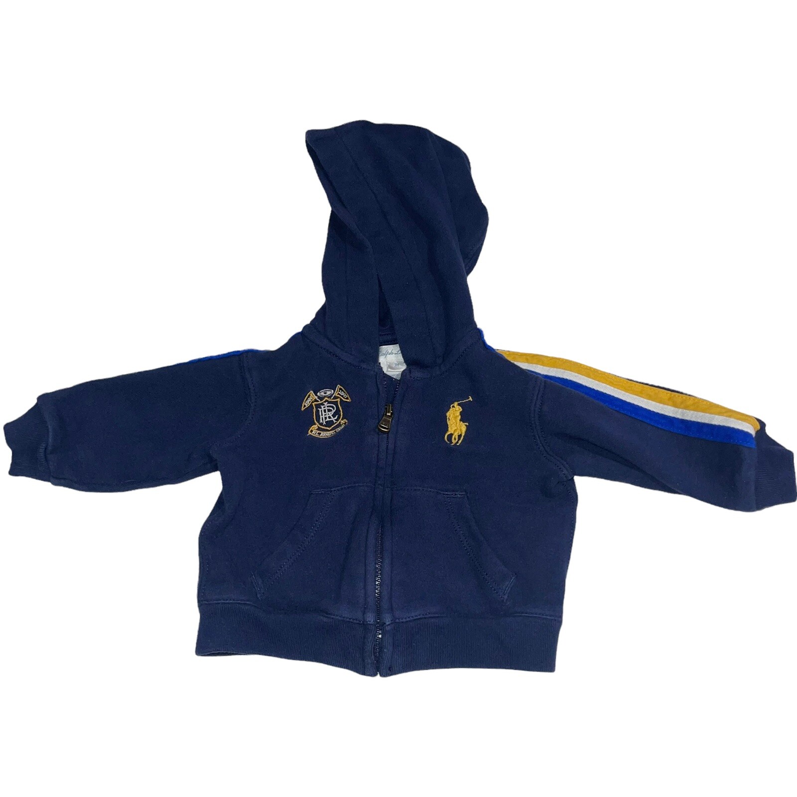 Felpa Ralph Lauren Navy con cappuccio e zip intera con logo giallo Big Pony Taglia 3 mesi