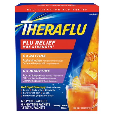 Theraflu Max Strength Daytime Nighttime Flu Medicine Honey Lemon 12 Count
