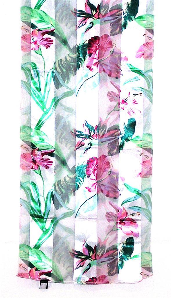 Long Pink Green Fuchsia Ivory Tropical Hibiscus Floral Scarf on Ivory Background-image
